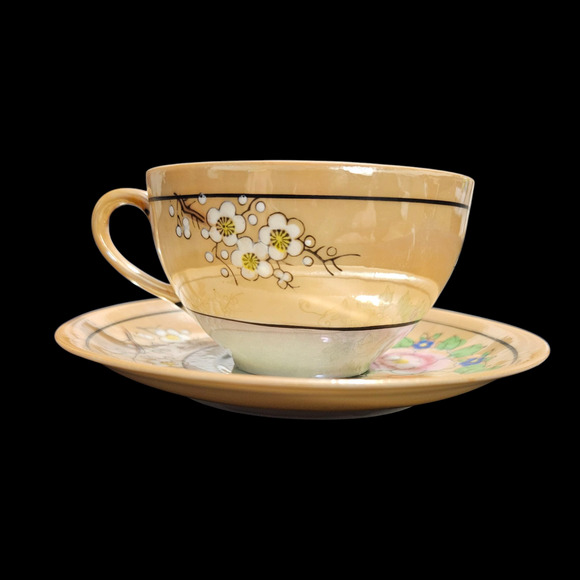 Vintage Made in Japan Peach Lustre Floral Teacup & Saucer Set of 3 - Picture 3 of 7